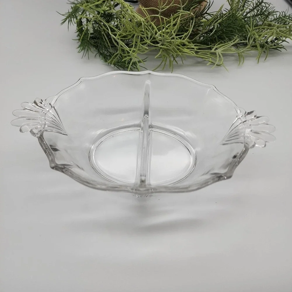 Vintage Clear Glass Divided Relish‎ Dish Fan Handles Mid-Century Serving Bowl